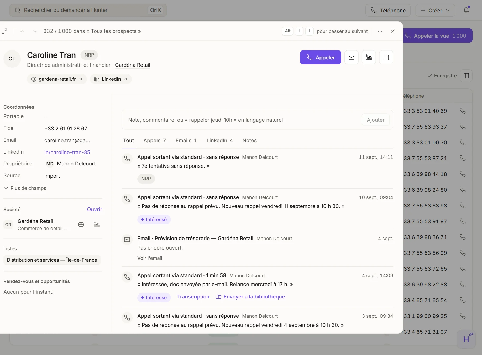 Une fiche prospect ouverte dans uggo : coordonnées, appels passés avec leur résultat, email et messages LinkedIn sur une seule timeline