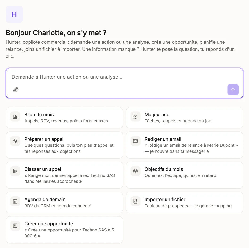Hunter, l'assistant de uggo : une demande en toutes lettres, et des raccourcis pour le bilan du mois, préparer un appel, importer un fichier