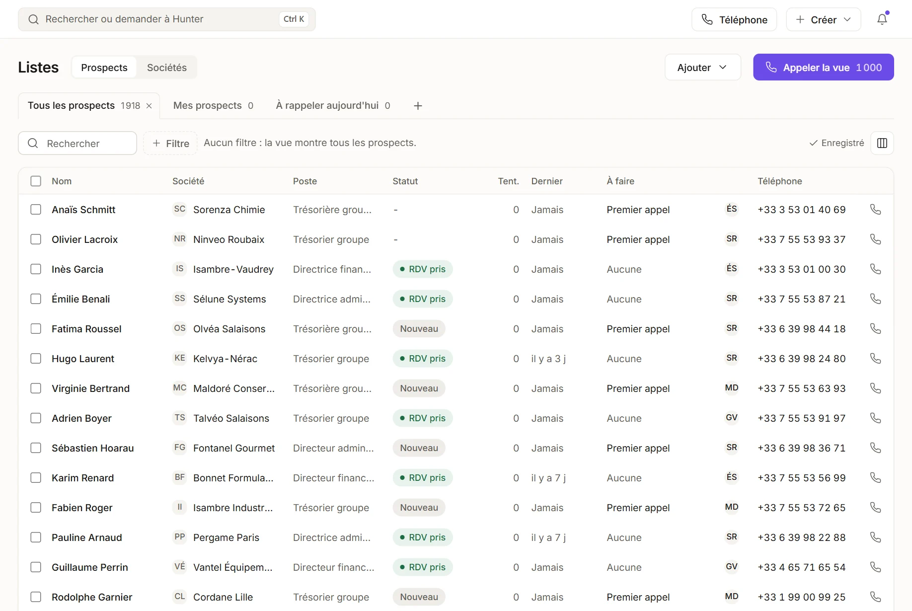 La liste des prospects dans uggo : statut, nombre de tentatives, prochaine action et bouton pour appeler toute la vue