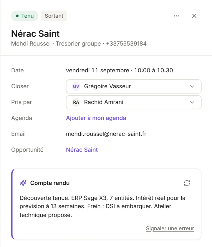 Un rendez-vous tenu dans uggo, avec le compte rendu rédigé par Hunter : ERP Sage X3, sept entités, frein côté DSI, atelier technique proposé