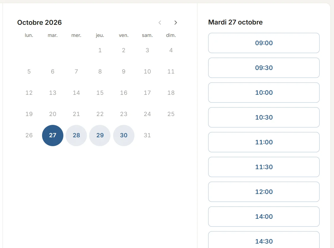 Une page de rendez-vous uggo : le calendrier du mois et les créneaux libres du jour